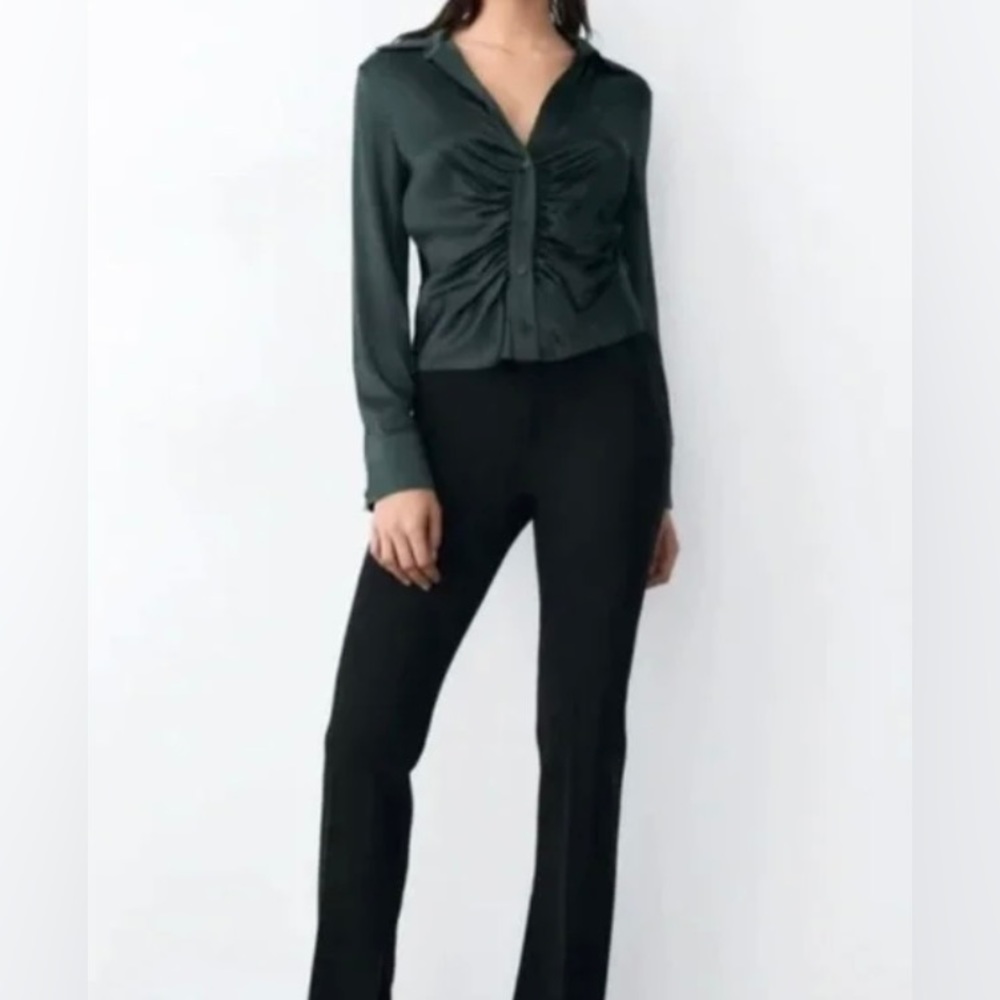 Zara Green Ruched Button Front Silky Blouse